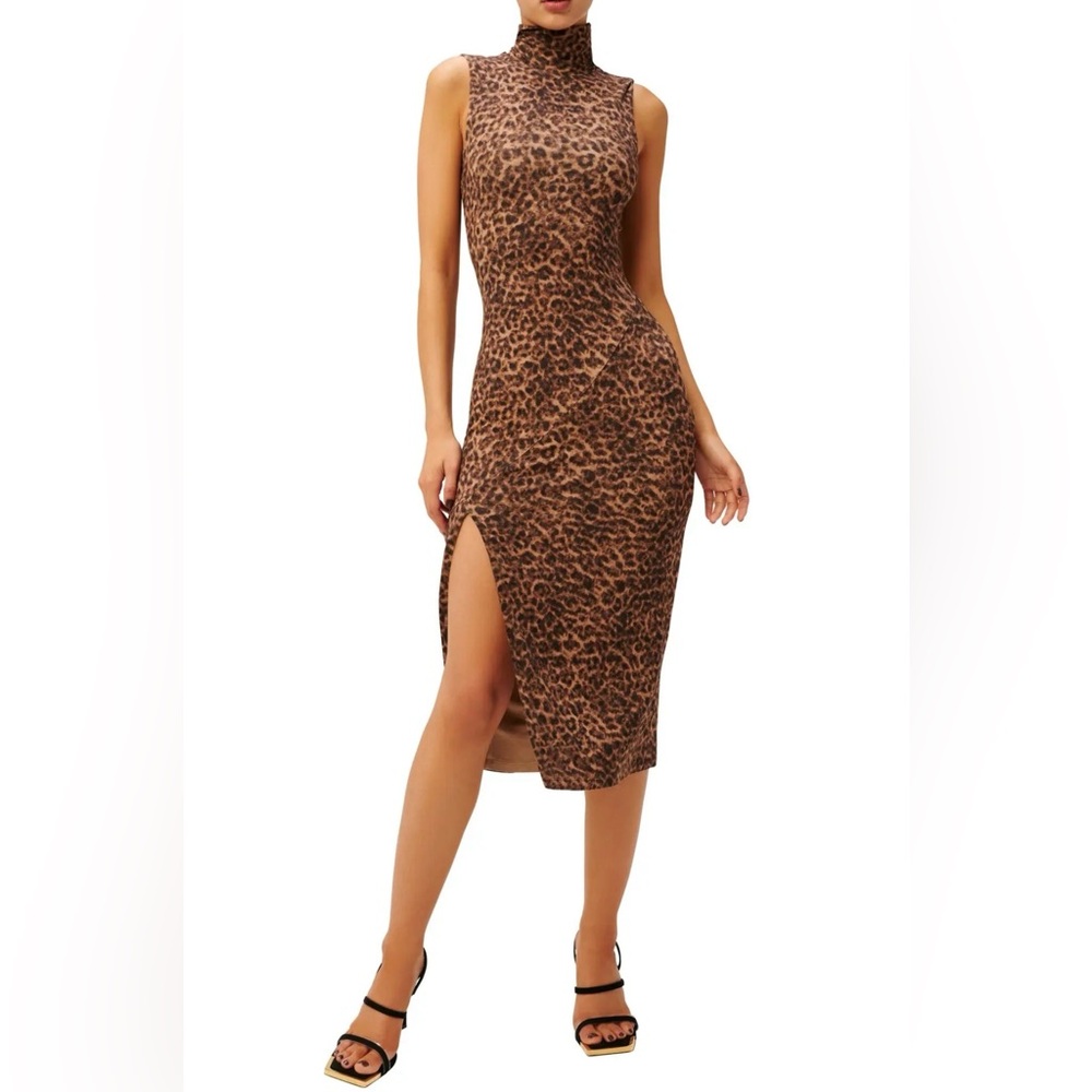 BNWT Good American Leopard Print Mock Neck Midi Dress SZ 3